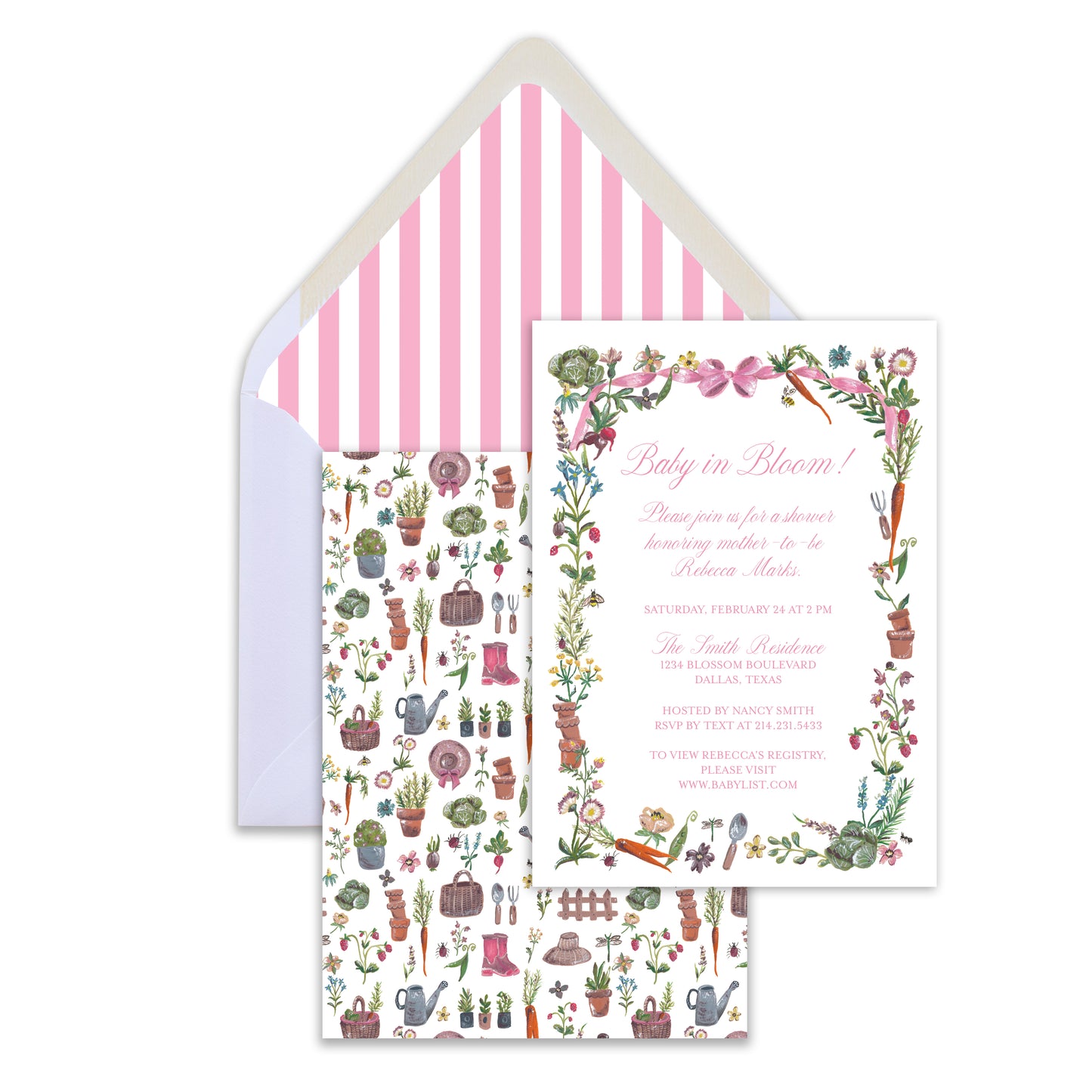 Gardening-themed baby shower invitation with matching envelope on a white background