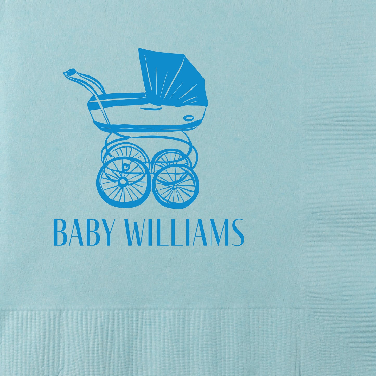 baby shower beverage napkin featuring a baby buggy design