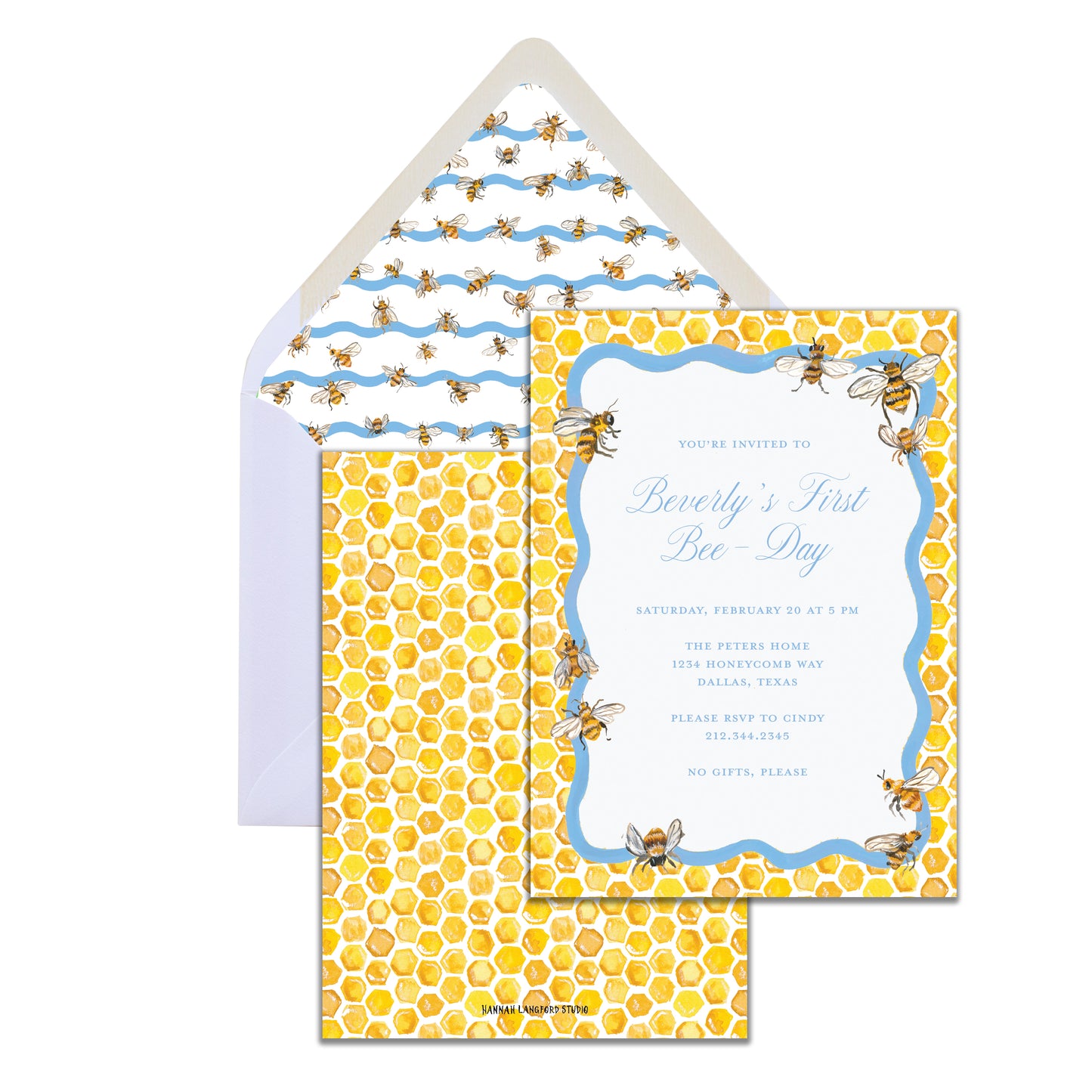 Invitation card with honeycomb and bee pattern on a white background