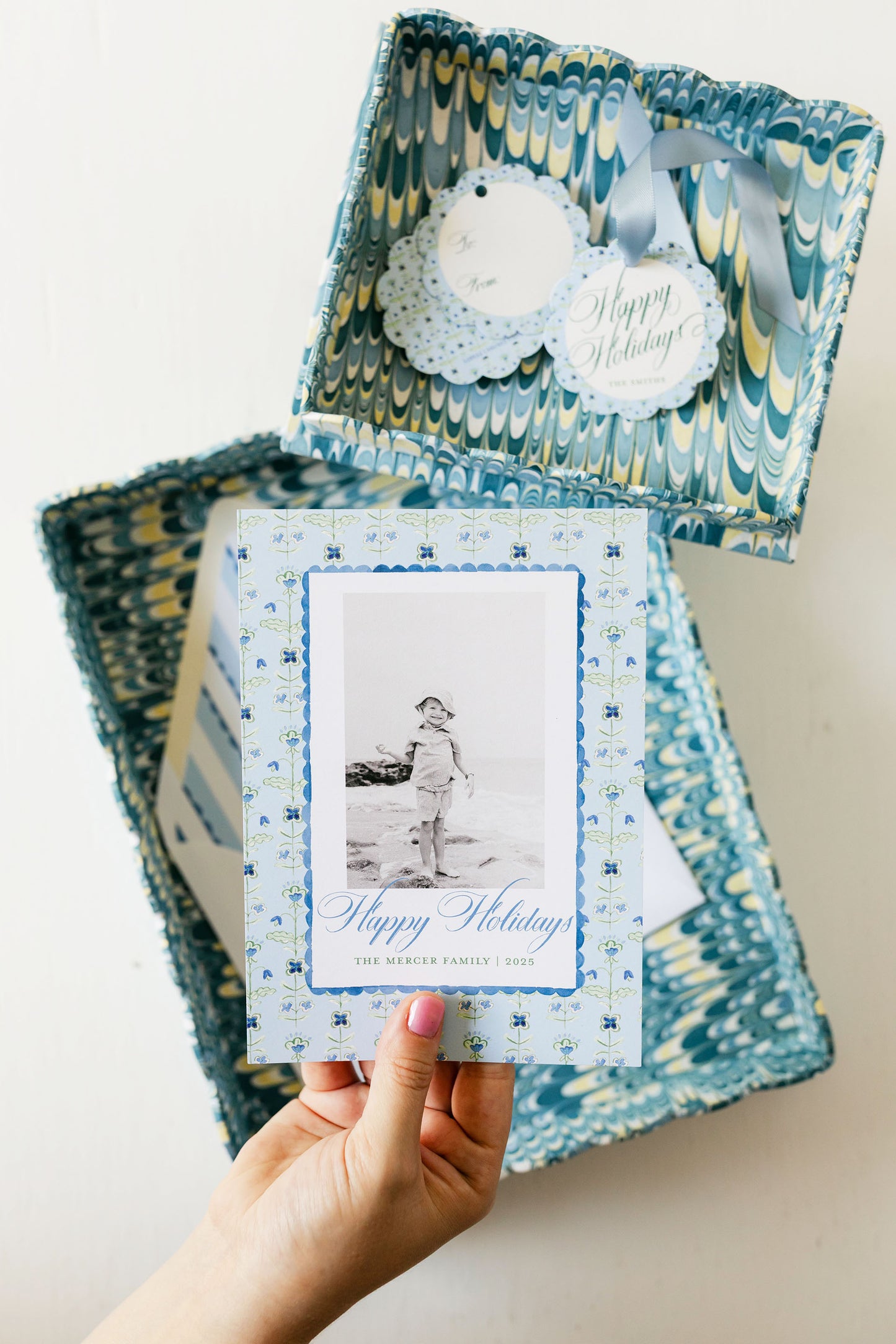 Blue Block Print Christmas Card