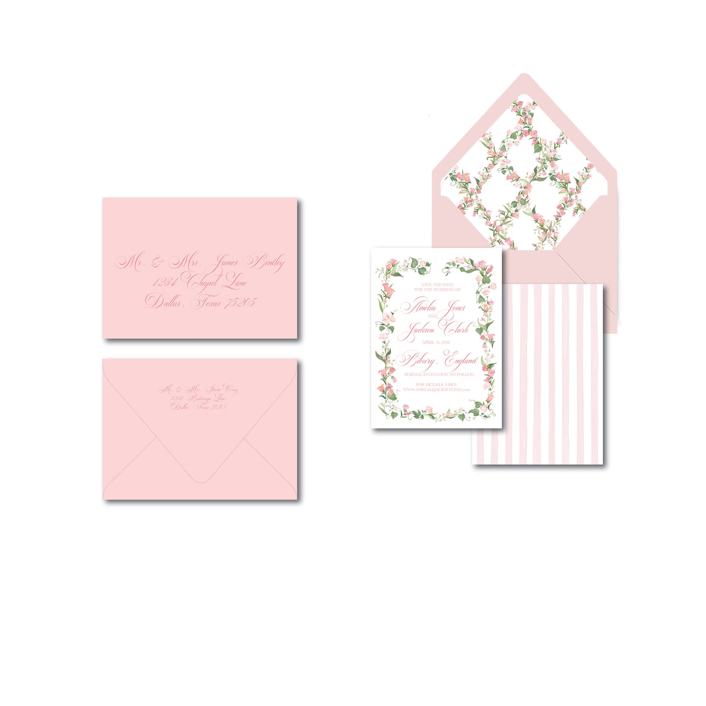 Set of pink stationery items with floral designs on a white background