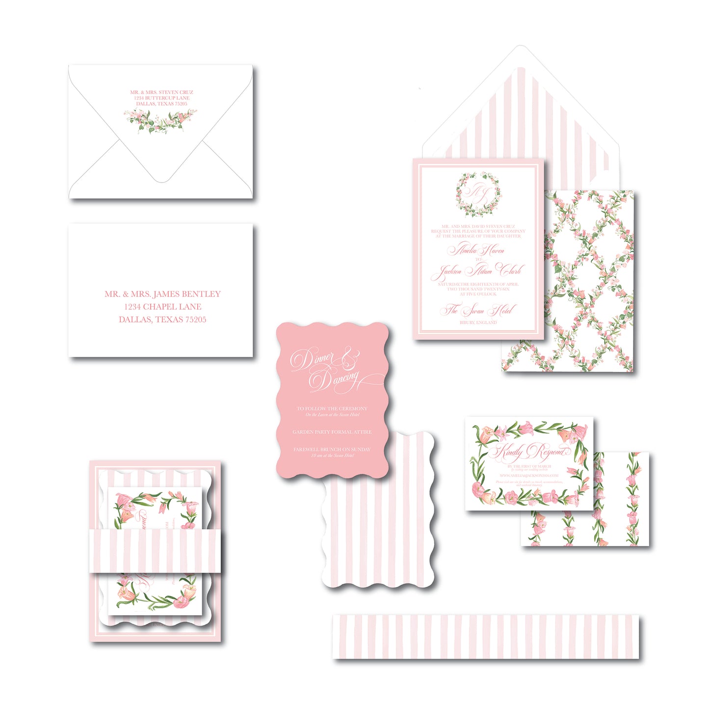 Collection of pink and white stationery items with floral designs on a white background
