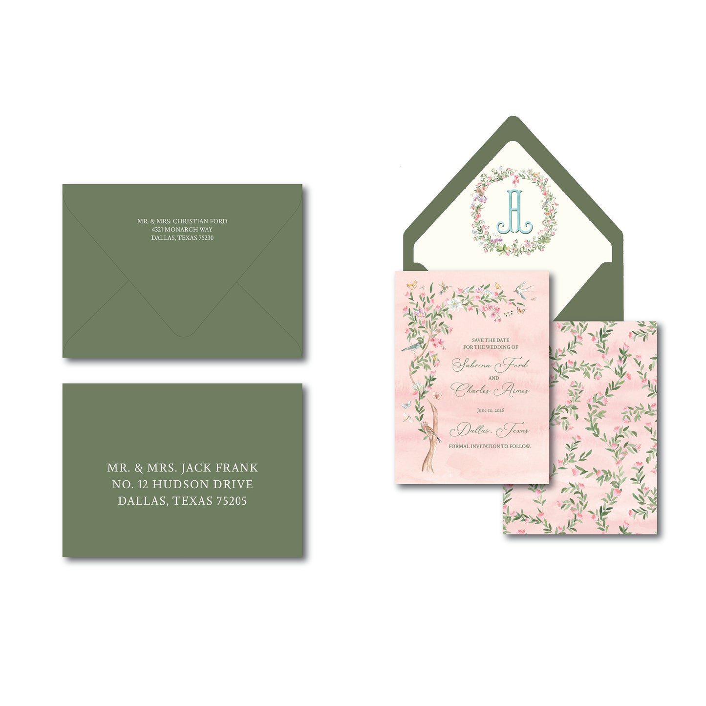 Green and pink invitation featuring floral and bird illustrations on a white background.