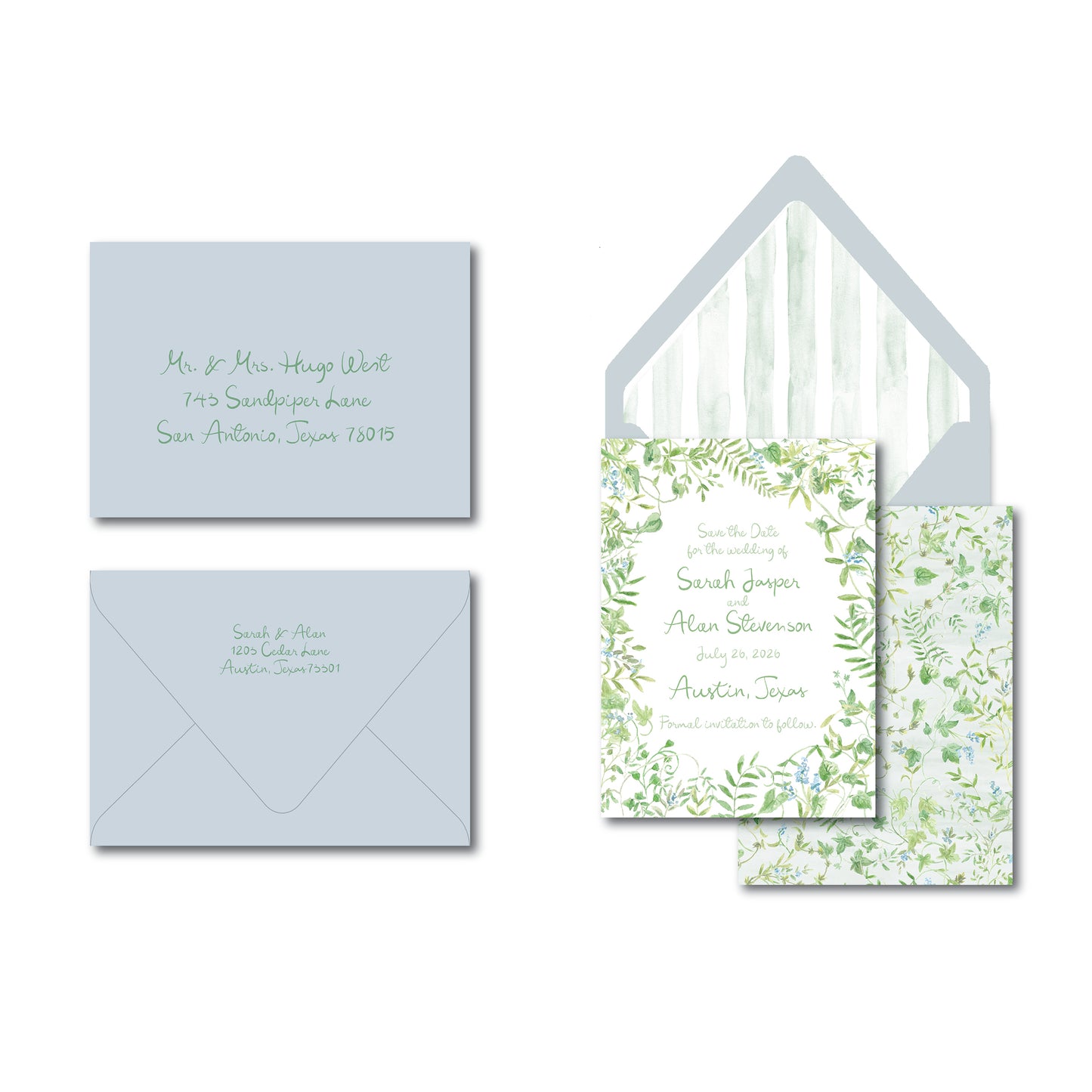 Blue and green invitation with greenery illustrations on a white background.