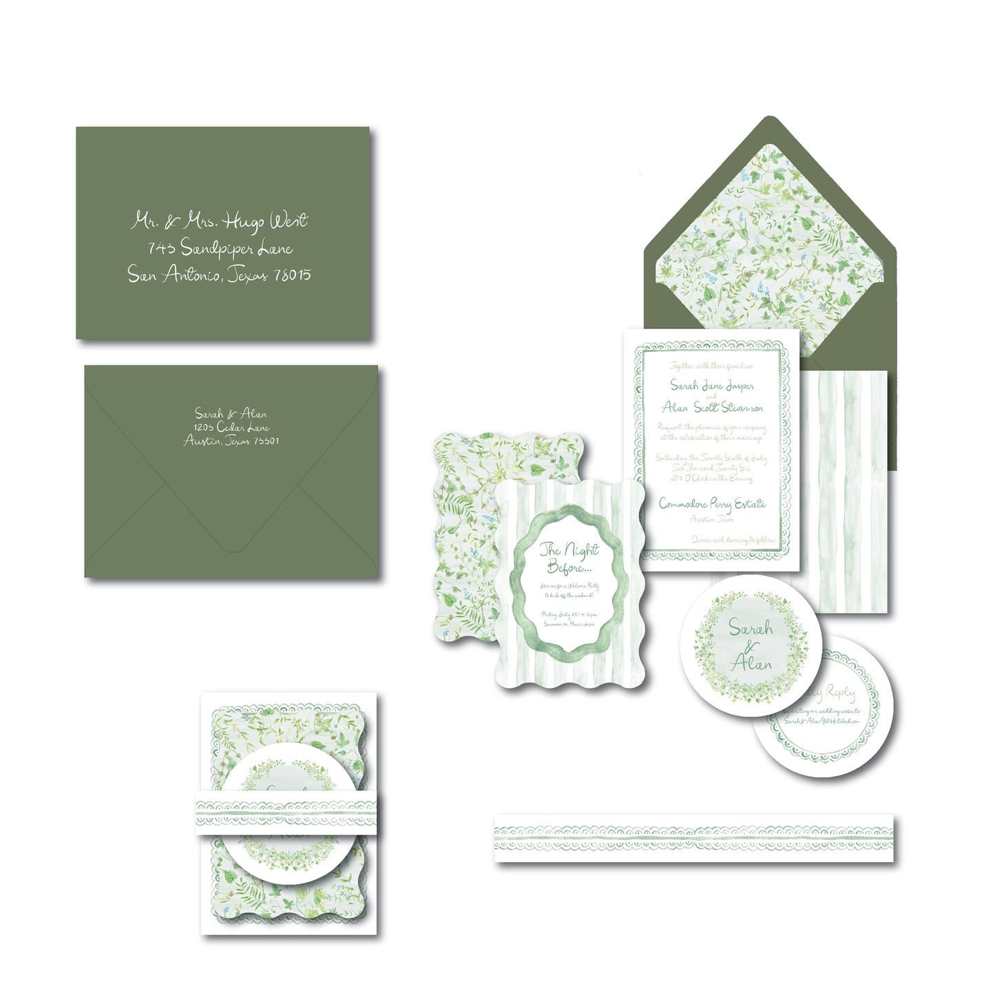 Green wedding invitation with watercolor greenery illustrations and script lettering.