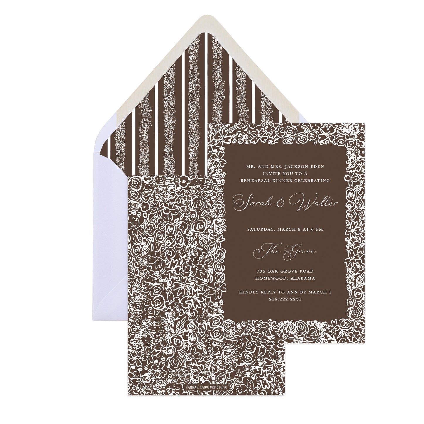 Invitation card with decorative border and envelope on a white background