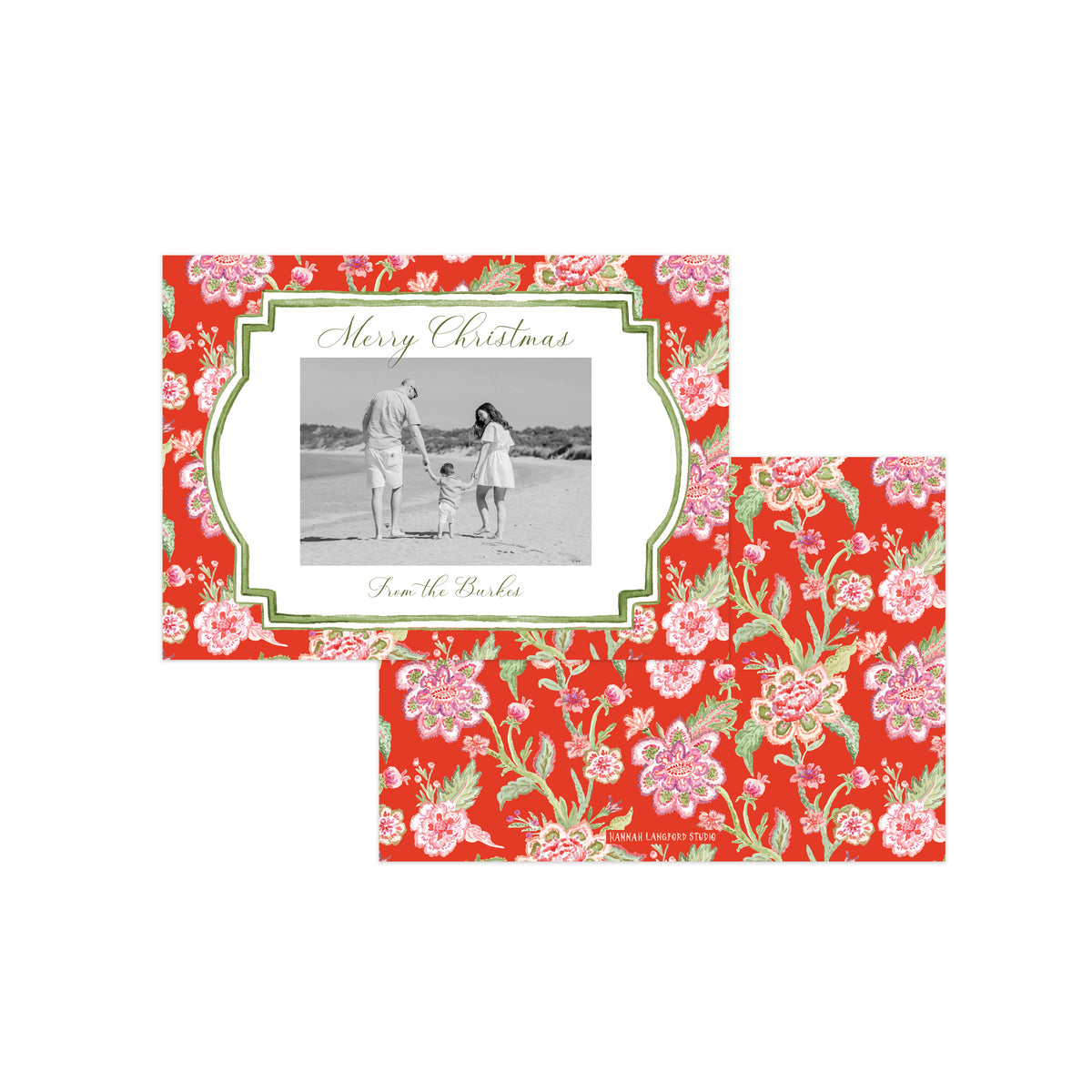 A set of personalized Christmas photo cards with a red floral pattern, featuring a central white frame with a black-and-white family photo and the text 'Merry Christmas'.