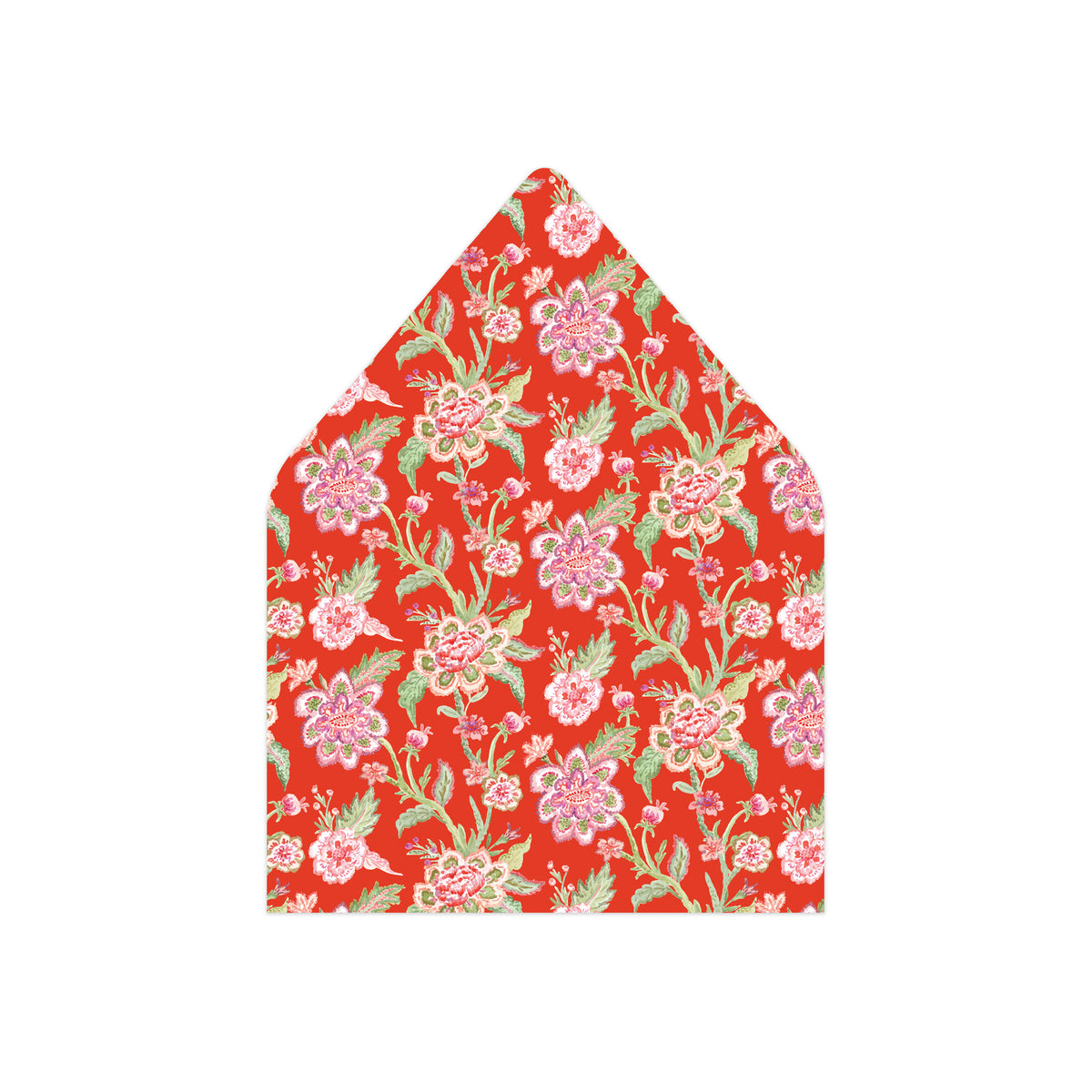 A red envelope liner or paper envelope featuring a classic floral pattern with pink and white blossoms and green leaves, shown flat against a solid white background.
