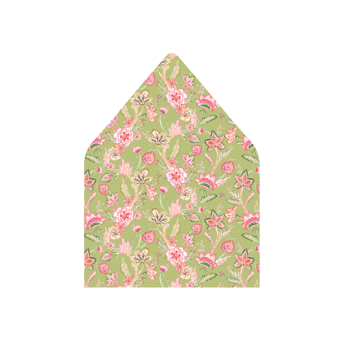 A pointed envelope flap or paper envelope with a light green background and an all-over floral print in pink, coral, and cream, shown on a plain white background.