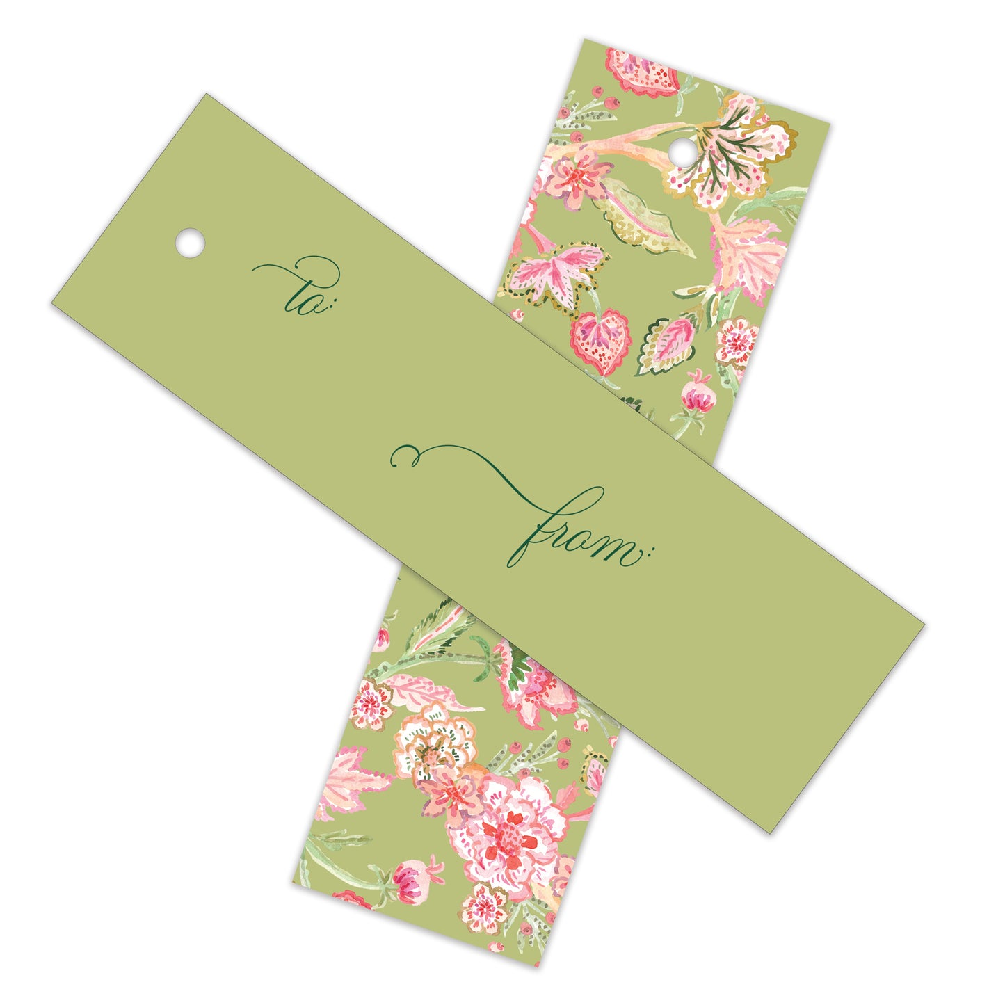Two rectangular gift tags with a hole at the top, shown on a white background. One tag is a solid light sage green with elegant dark green cursive text reading 'to' and 'from'.