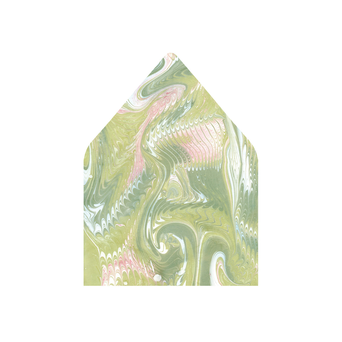 An envelope liner featuring a marbled swirl pattern in sage green, soft pink, white, and light olive tones, centered on a plain white background.