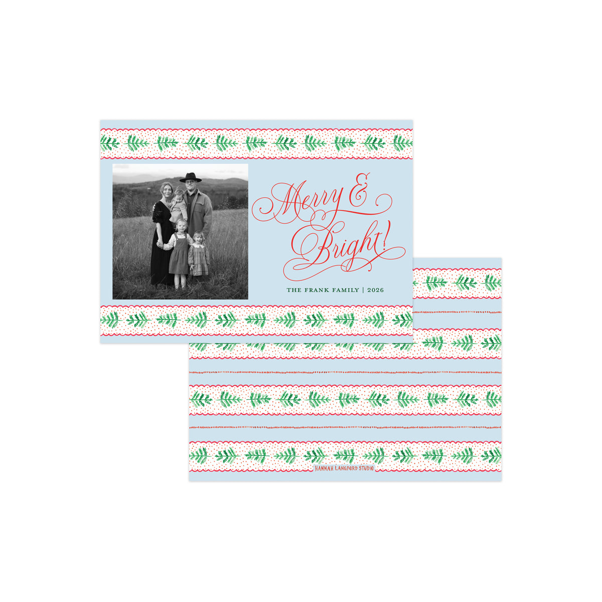 A holiday photo card set displayed on a white background, featuring a larger front card and two matching folded cards behind it. The card design has a pale blue center, a black-and-white family photo on the left, red cursive 'Merry & Bright!' text, and green and red decorative border stripes.