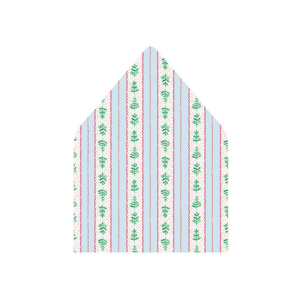A house-shaped envelope liner or gift bag insert featuring a vertical striped pattern with green pine tree motifs on red dotted stripes, set against a light blue background.