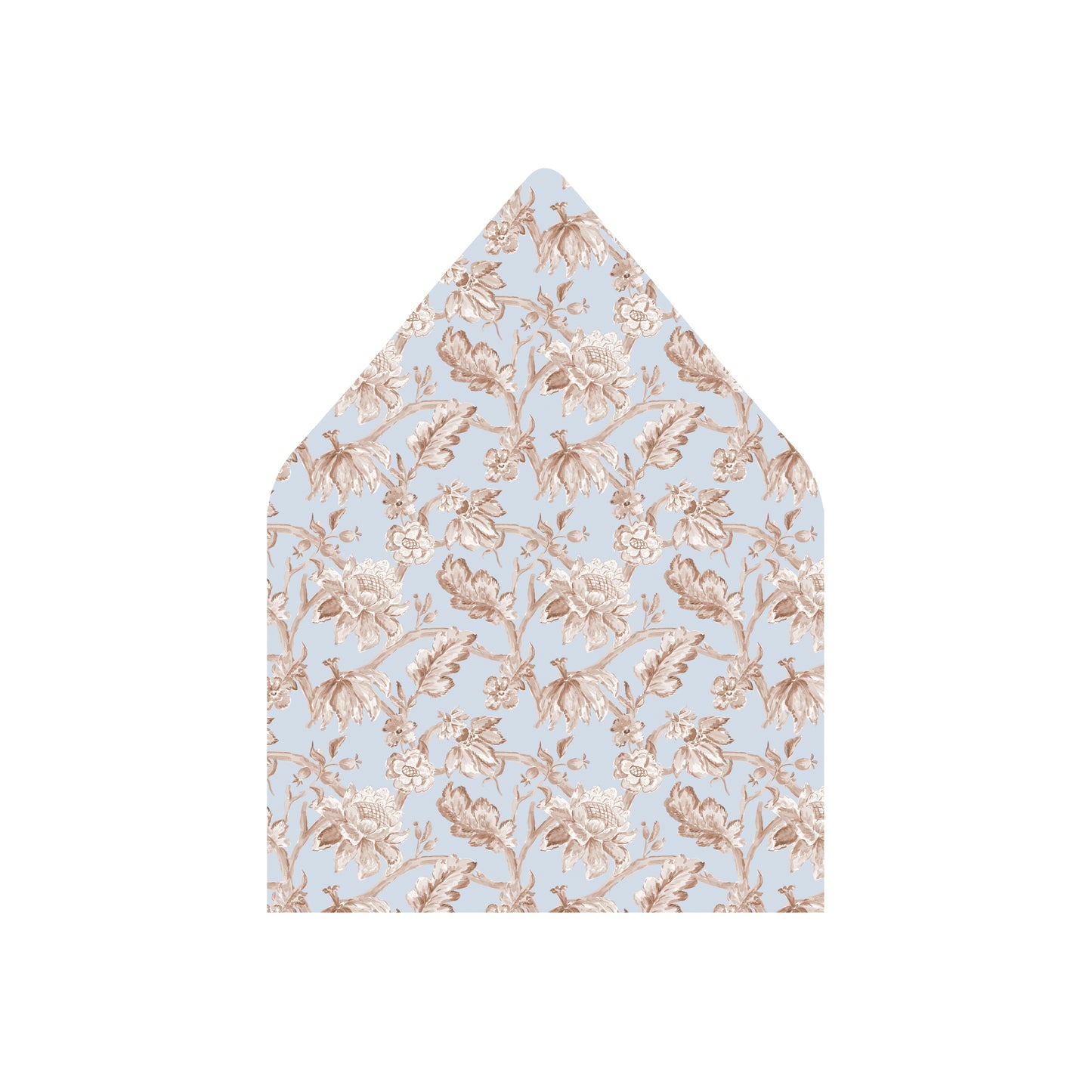 A pointed envelope flap or paper insert featuring a delicate floral toile pattern in beige on a light blue background, shown against a plain white backdrop.