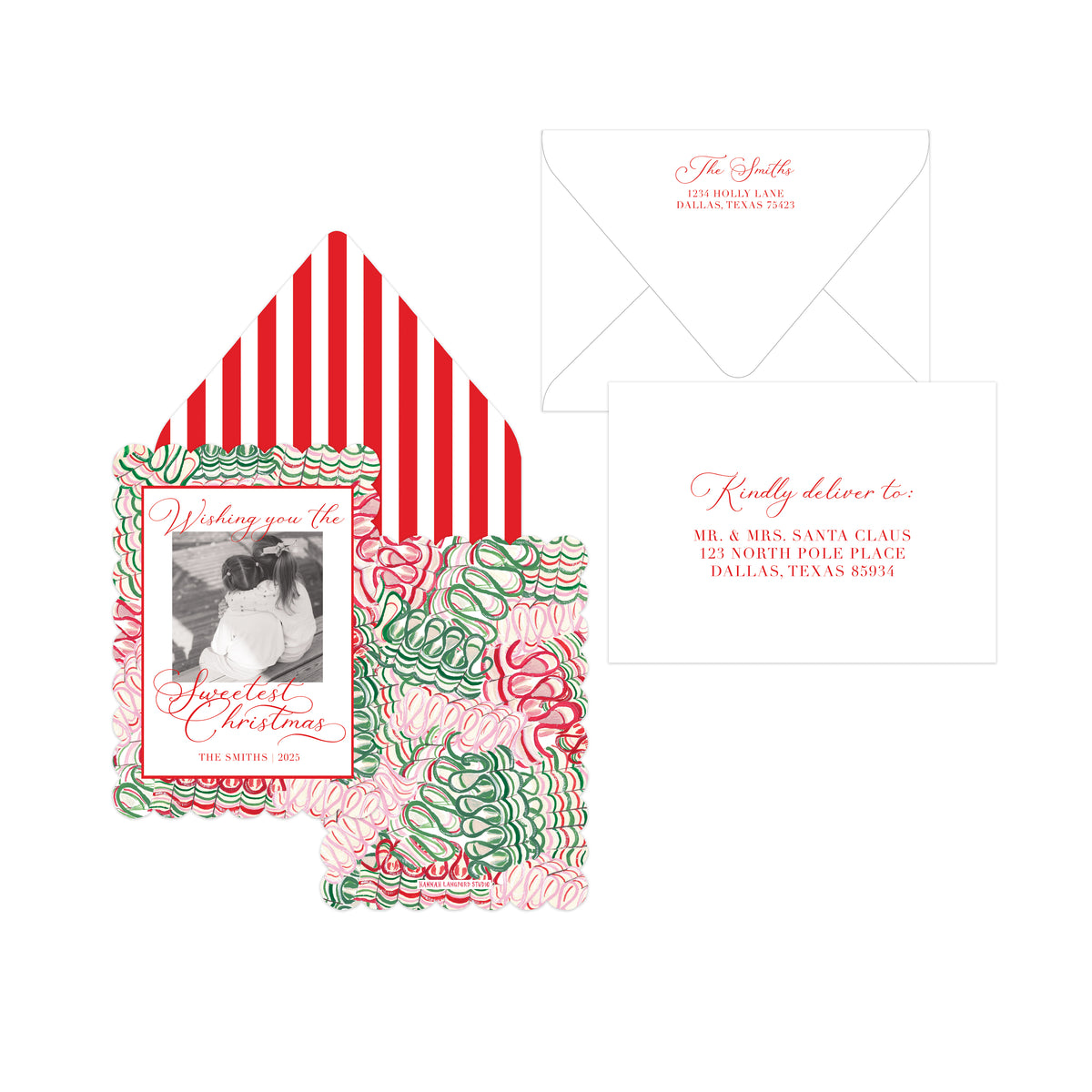 A holiday stationery set on a white background, including a striped envelope, a white insert card, and a Christmas-themed invitation card with a photo frame and red script text. The invitation features a wavy border in red, green, and white.