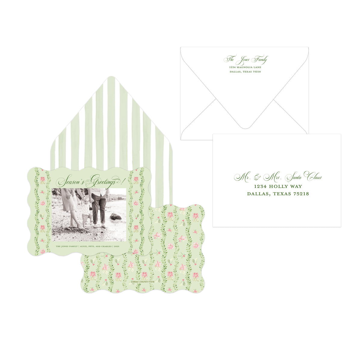 A Christmas card suite featuring a floral and striped envelope, a photo insert with the heading 'Season's Greetings!', and a matching address card on a white background.
