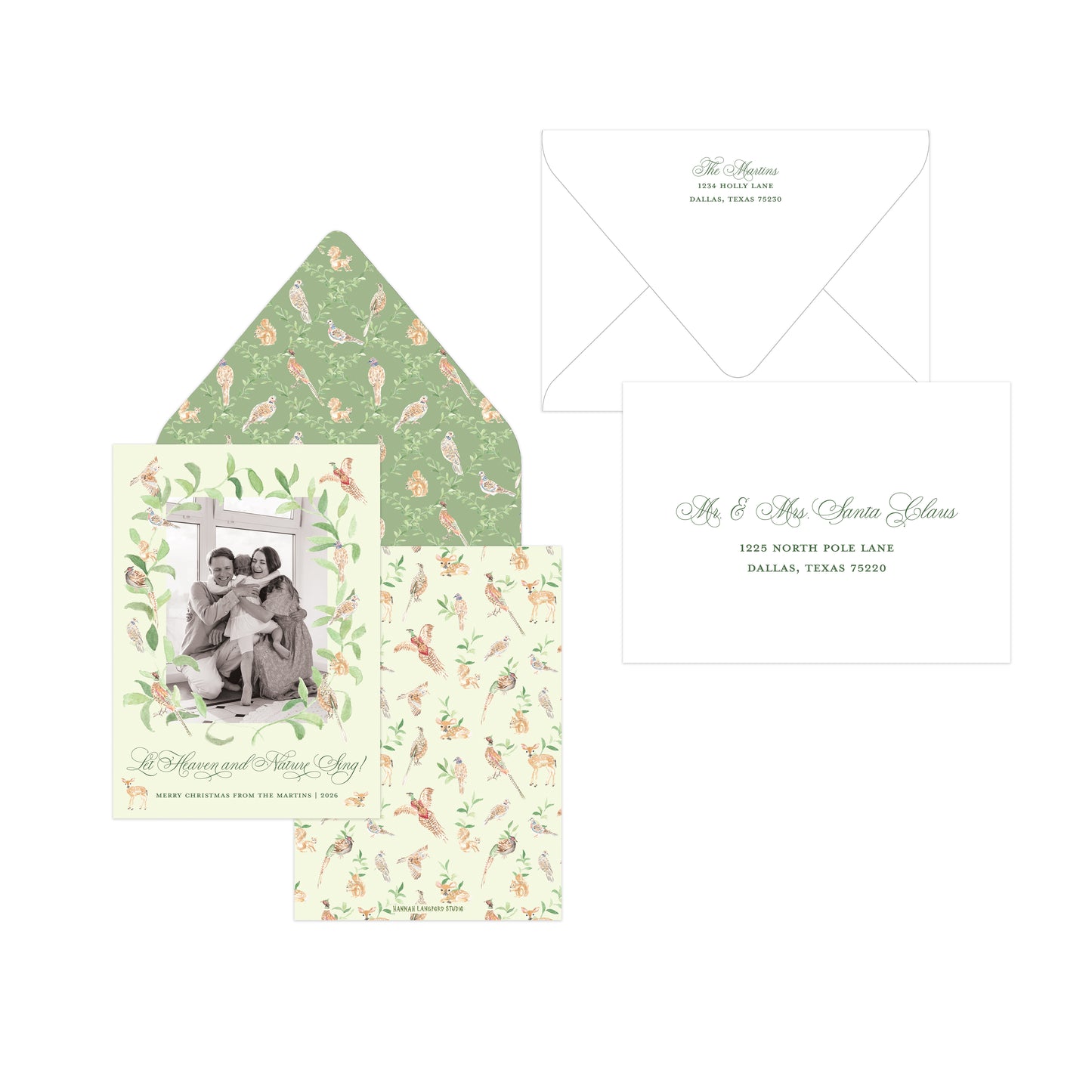 A green Christmas card set featuring bird illustrations.