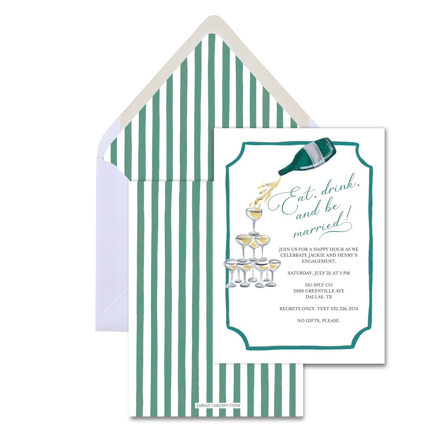 Wedding invitation card with champagne bottle and glasses design on a striped envelope.