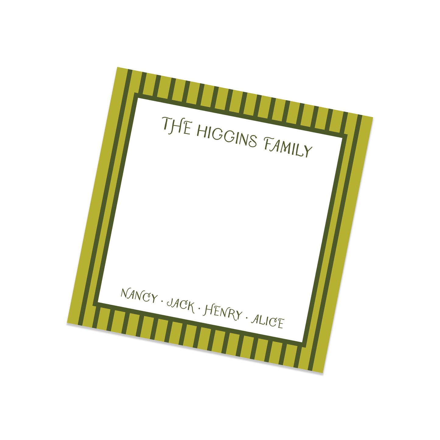 Personalized notepad with striped border and family name on a white background