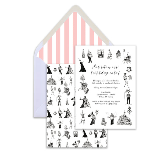 French-themed birthday party invite featuring French icons like the Mona Lisa, Marie Antoinette, and Napoleon ready to party. A classic black & white french design.