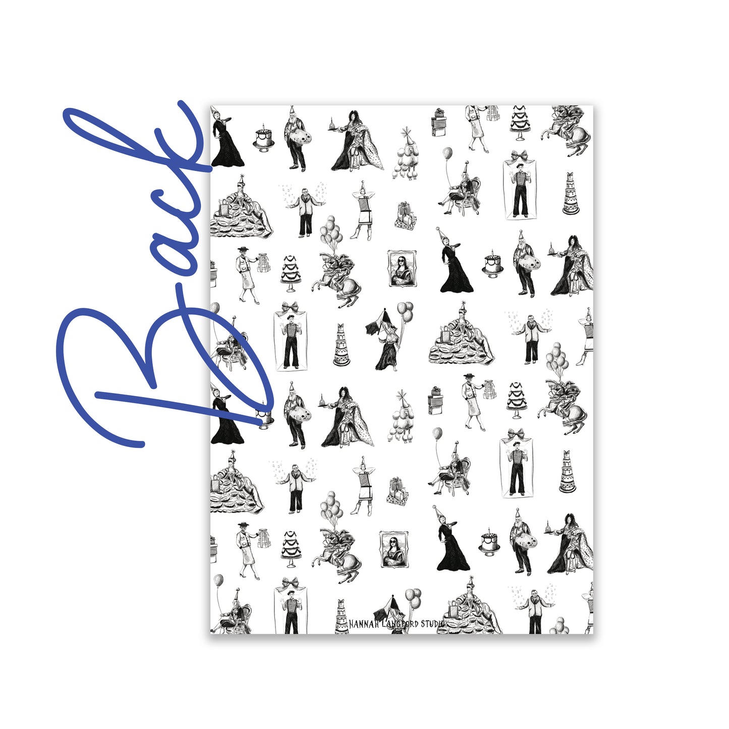 French-themed birthday party invite featuring French icons like the Mona Lisa, Marie Antoinette, and Napoleon ready to party. A classic black & white french design.