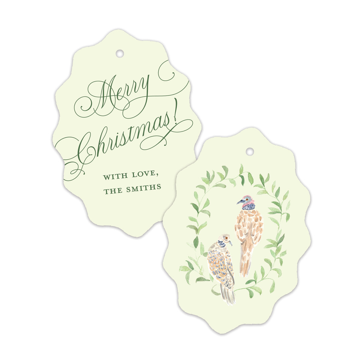 Two scalloped Christmas gift tags on a white background.