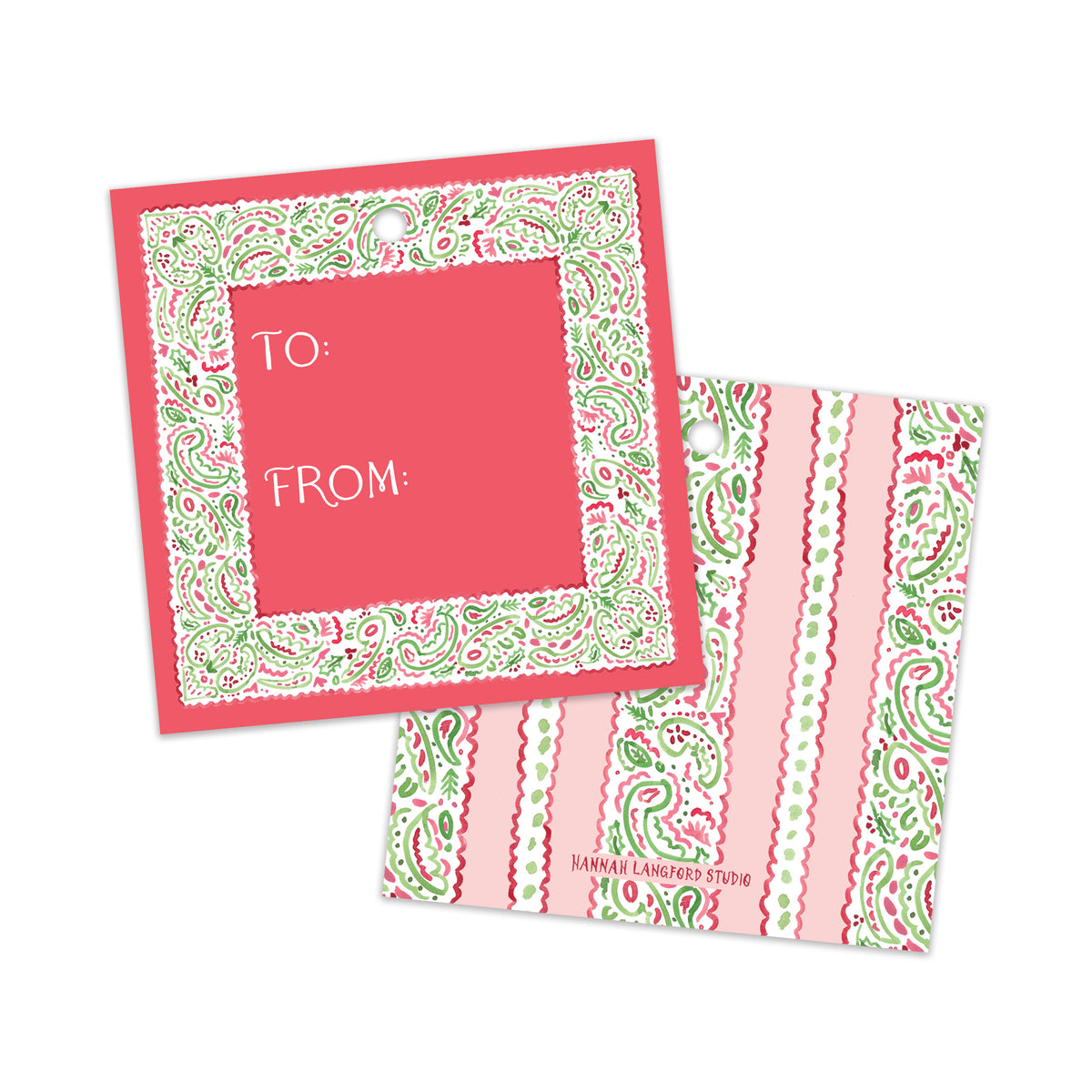 Two decorative gift tags with a pink, green, and white paisley pattern, shown on a plain white background. One tag has a solid pink center with 'TO:' and 'FROM:' text, and the other shows the patterned reverse side.