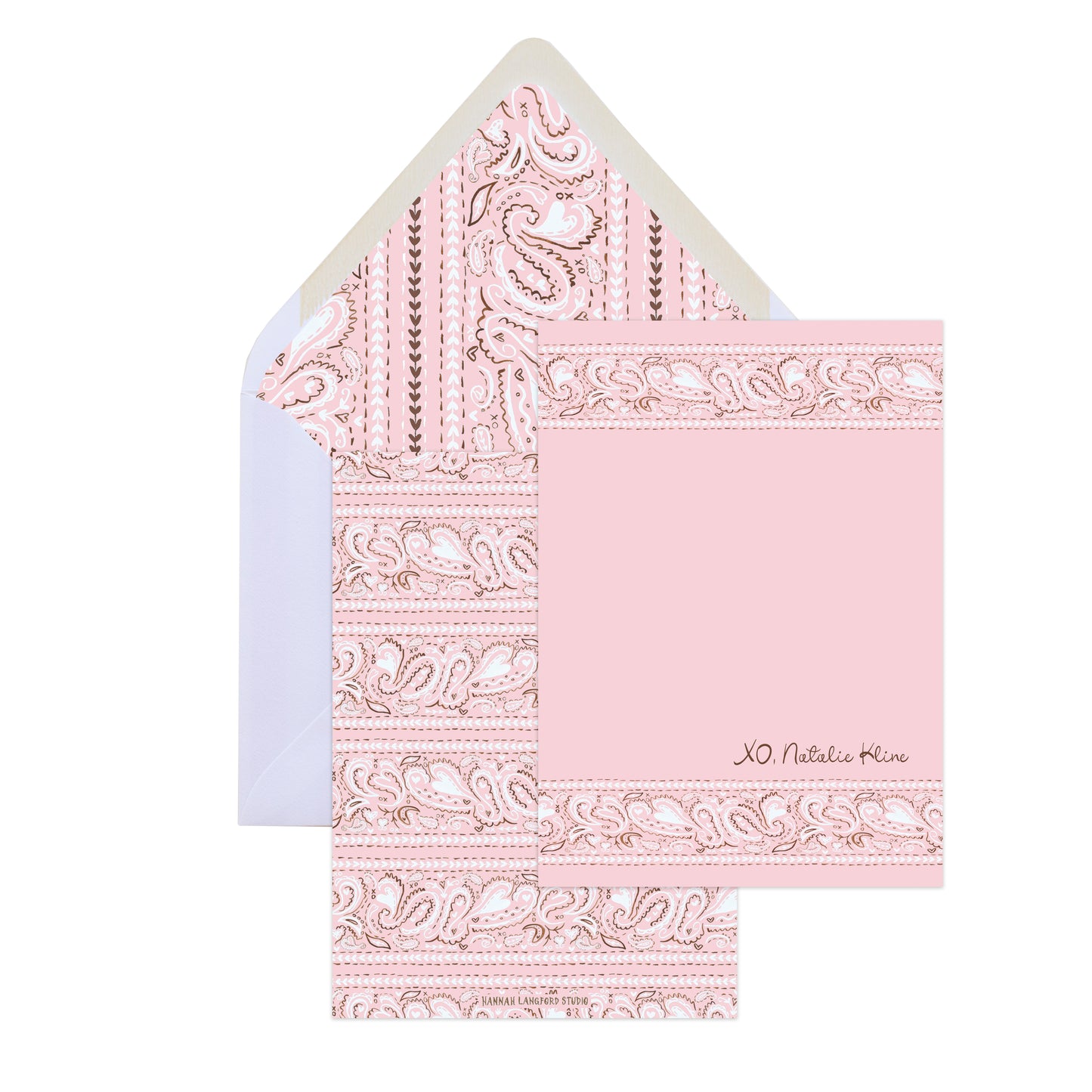 Pink patterned card with a matching envelope on a white background