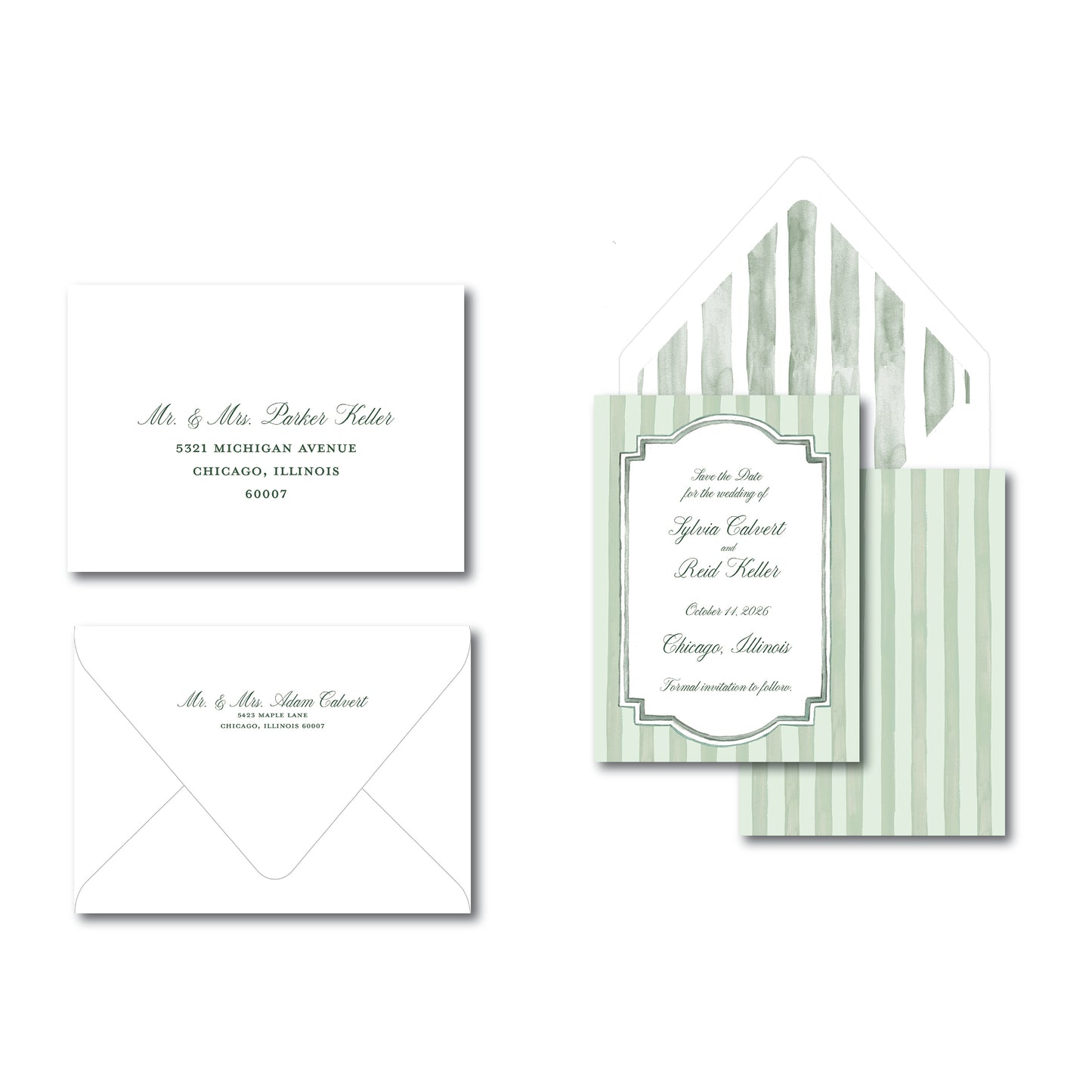 Green striped invitation on a white background.