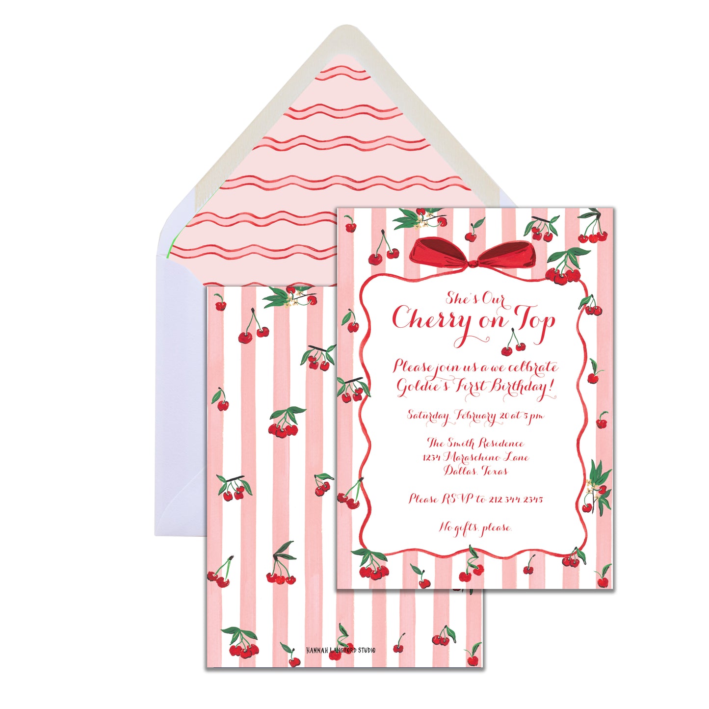 A birthday invitation card with cherry hand-painted motifs and pink stripes, accompanied by a white envelope with a red and pink striped design on the inside.