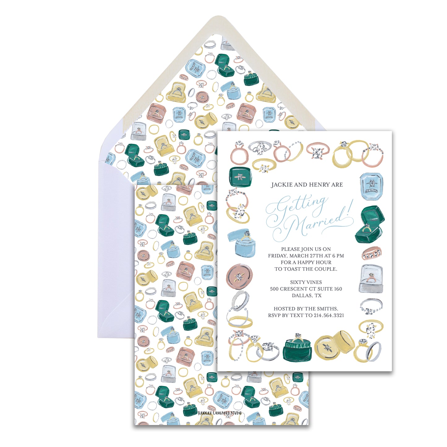 Wedding invitation set with rings and jewelry design on a white background