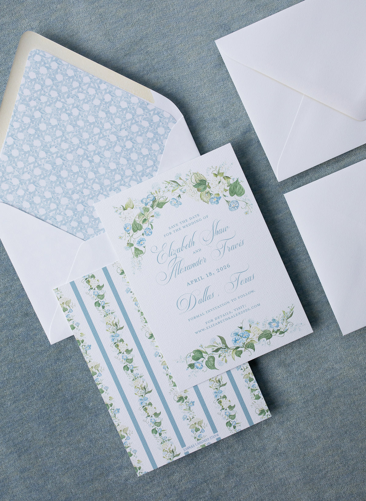 Blue Floral wedding invitation on a blue background