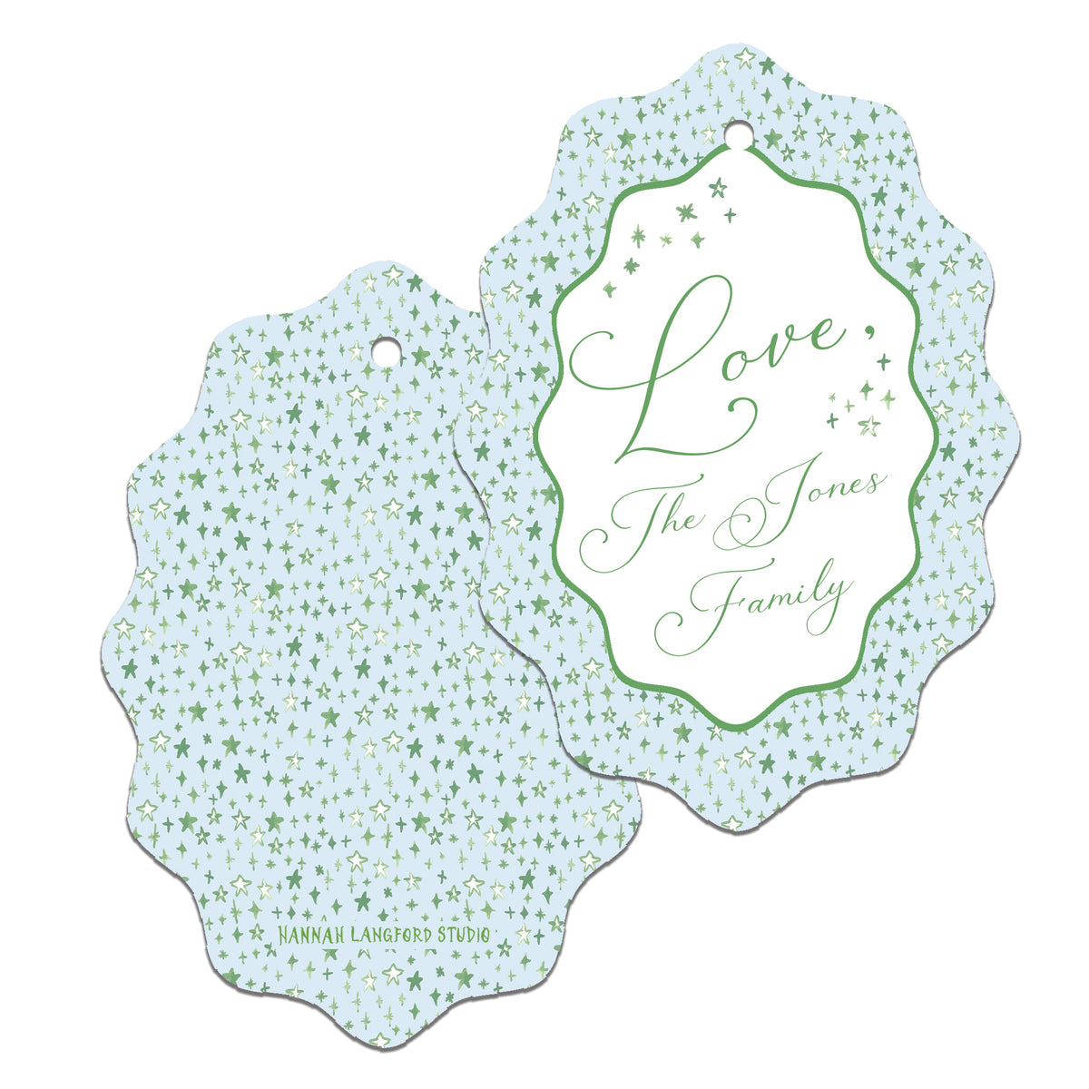 Decorative gift tag with 'Love The Jones Family' text on a white background