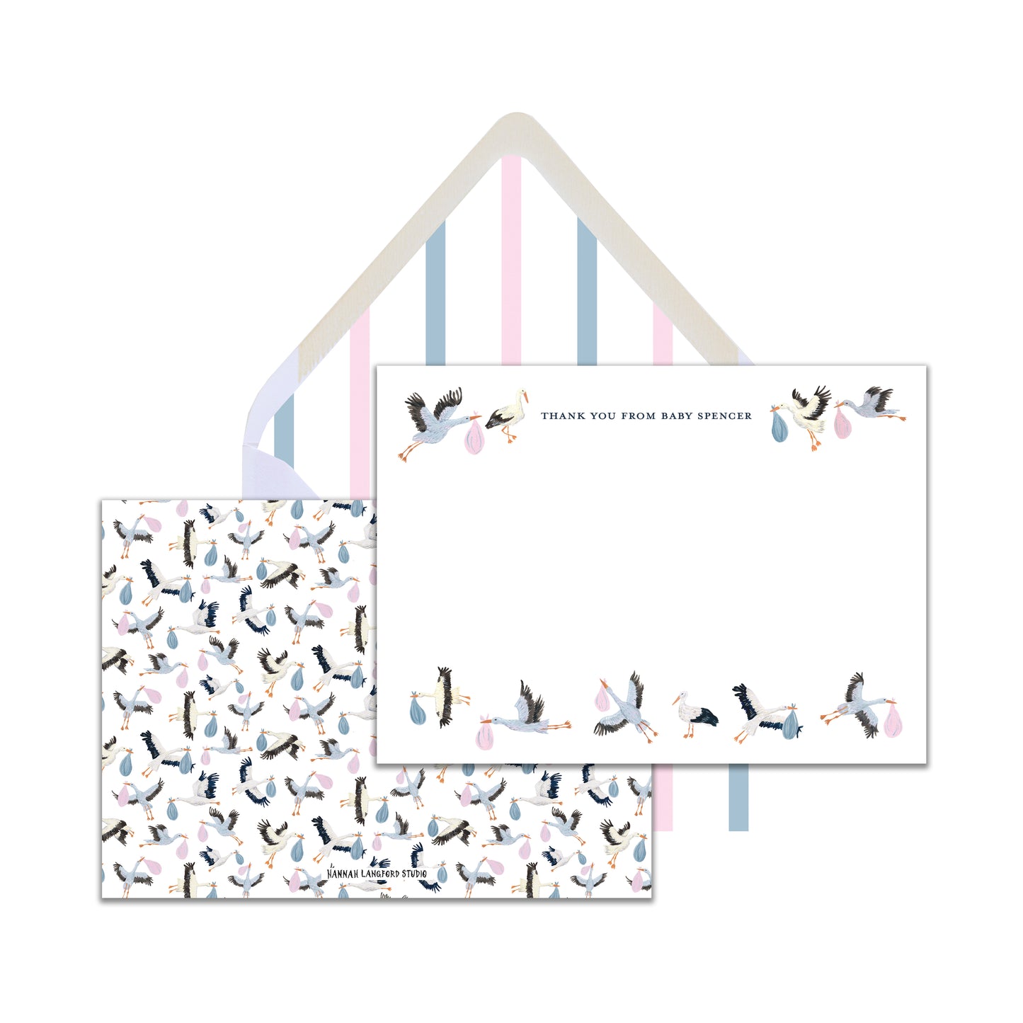 A set of customizable stationery with a stork design, including cards and envelopes, with options for personalization.