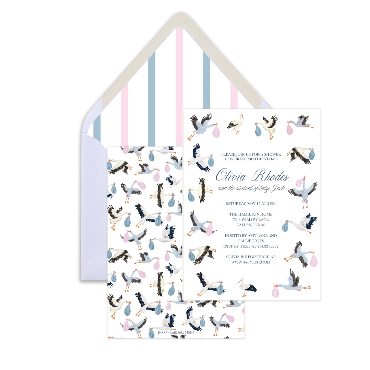 Baby shower invitation with stork design and envelope on a white background