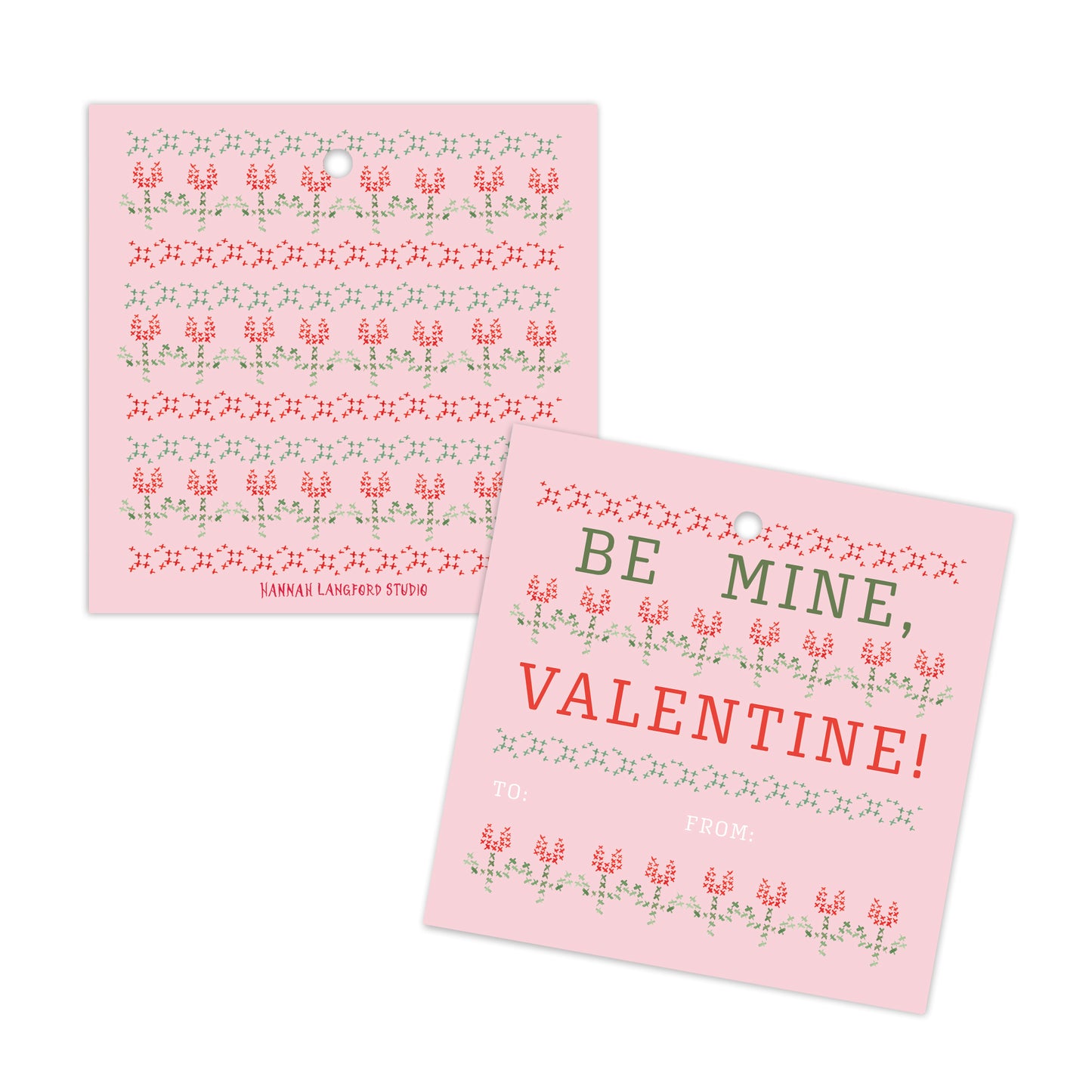 Two pink cards with tulip illustrations on a white background.