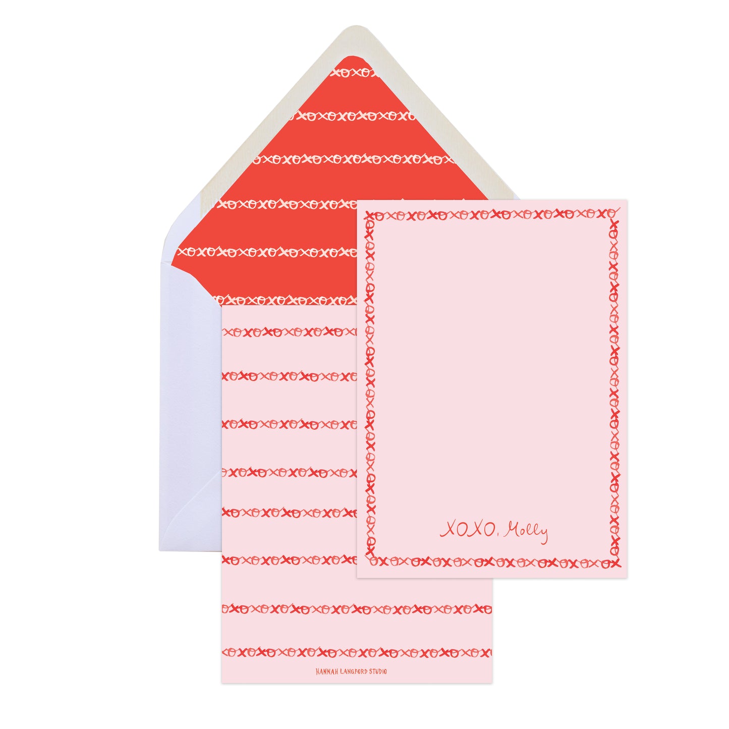 Set of stationery items with pink and red design on a white background