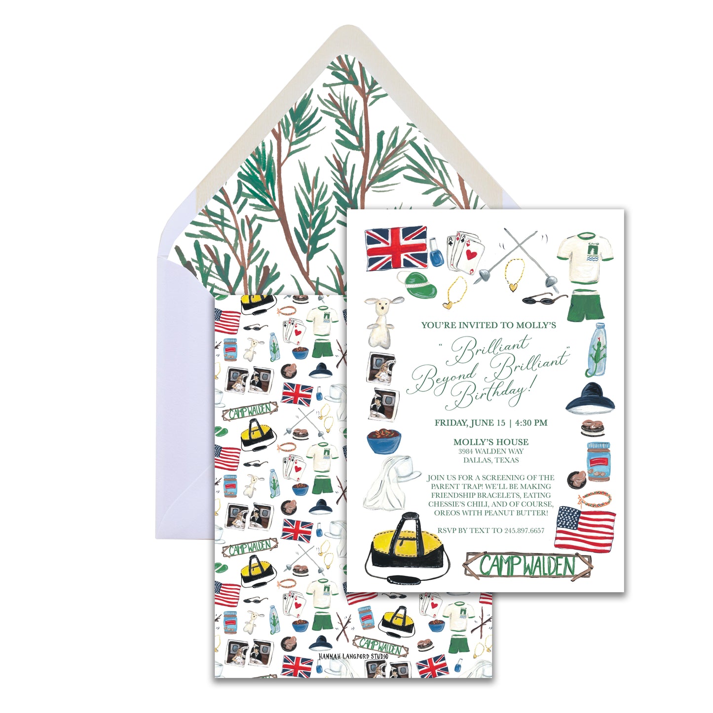 Invitation card with camp-themed illustrations and a matching envelope on a white background