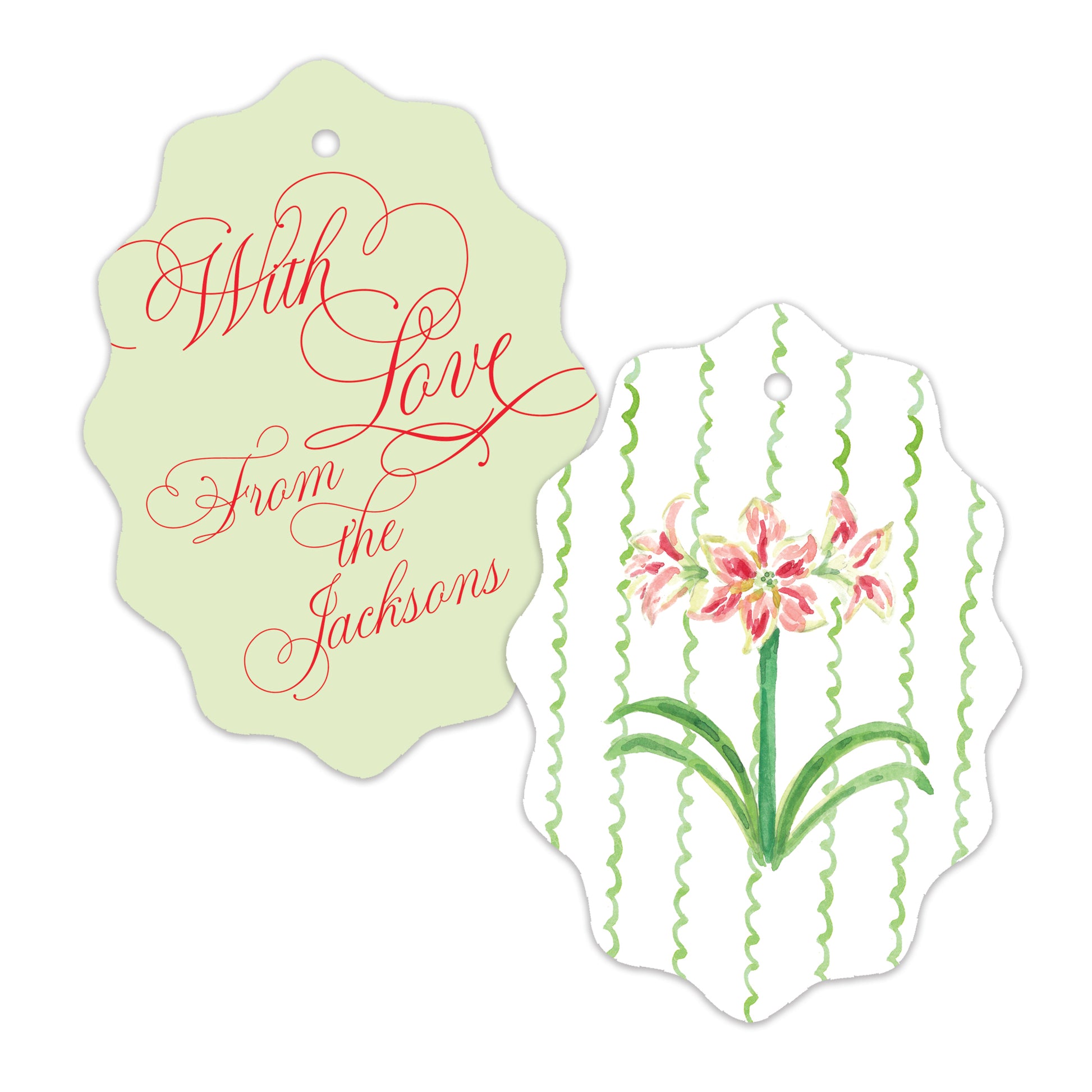 Two decorative gift tags on a white background. One tag is pale green with red cursive text reading 'With Love From the Jacksons.