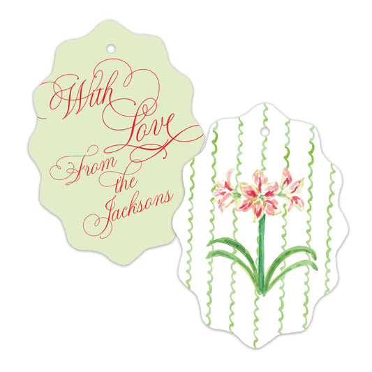 Two decorative gift tags on a white background. One tag is pale green with red cursive text reading 'With Love From the Jacksons.