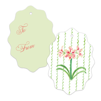 Two scalloped gift tags on a white background. One tag is pale green with red cursive text reading 'To:' and 'From:'.