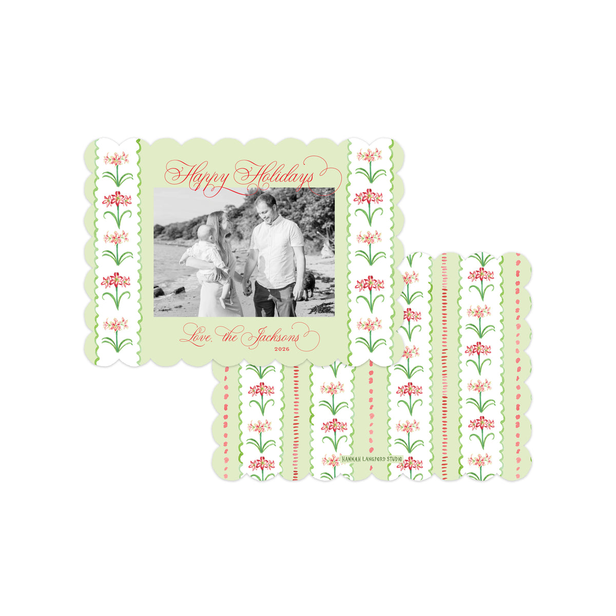 A holiday photo card with a scalloped border, featuring a central black-and-white family photo and decorative floral and striped patterns in pale green, coral, and white. The card is shown on a plain white background.