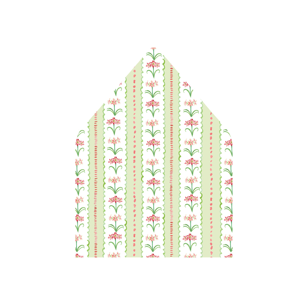 A house-shaped envelope flap or paper panel featuring a vertical floral pattern in light green, white, coral pink, and green on a plain white background.