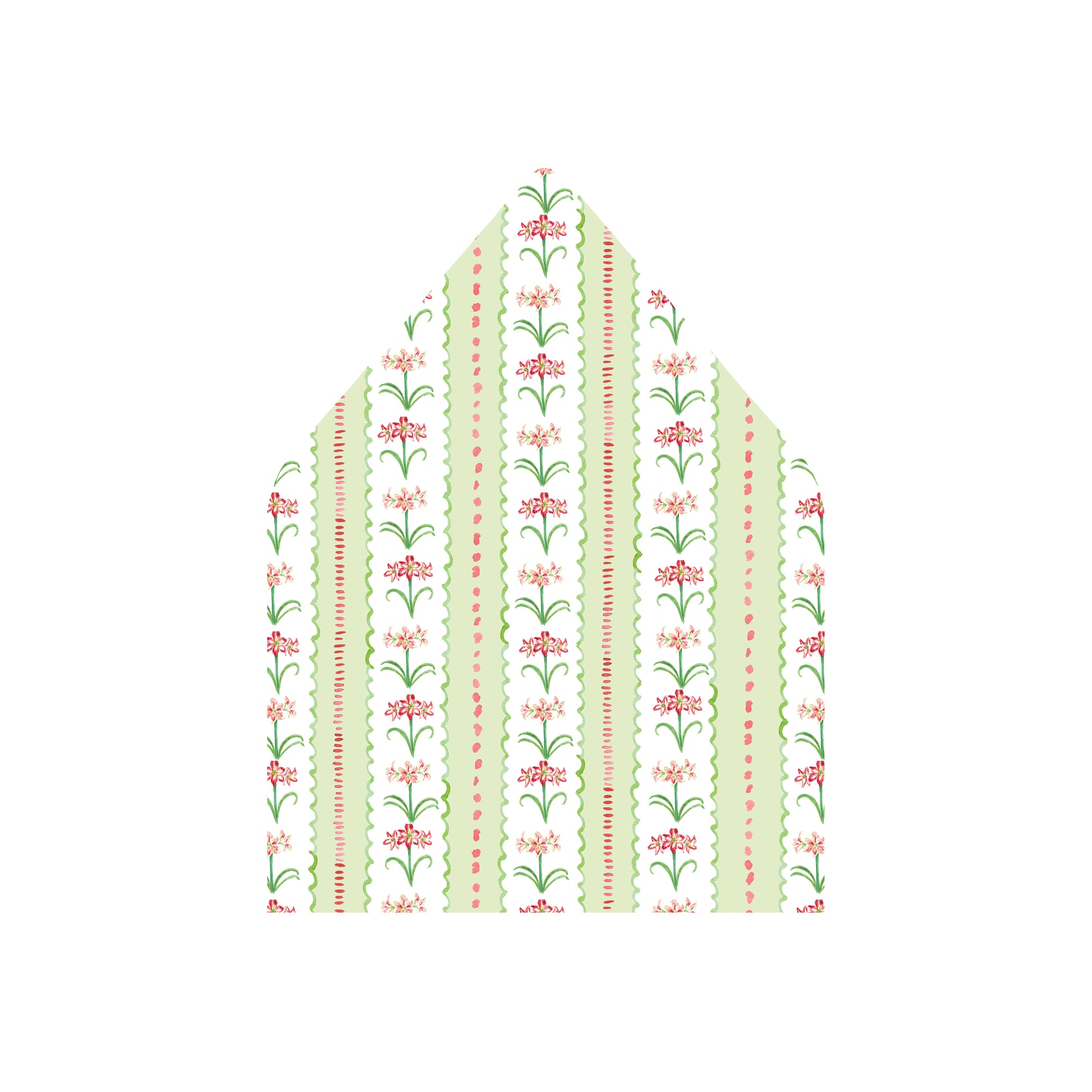 A house-shaped envelope flap or paper panel featuring a vertical floral pattern in light green, white, coral pink, and green on a plain white background.