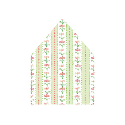 A house-shaped envelope flap or paper panel featuring a vertical floral pattern in light green, white, coral pink, and green on a plain white background.