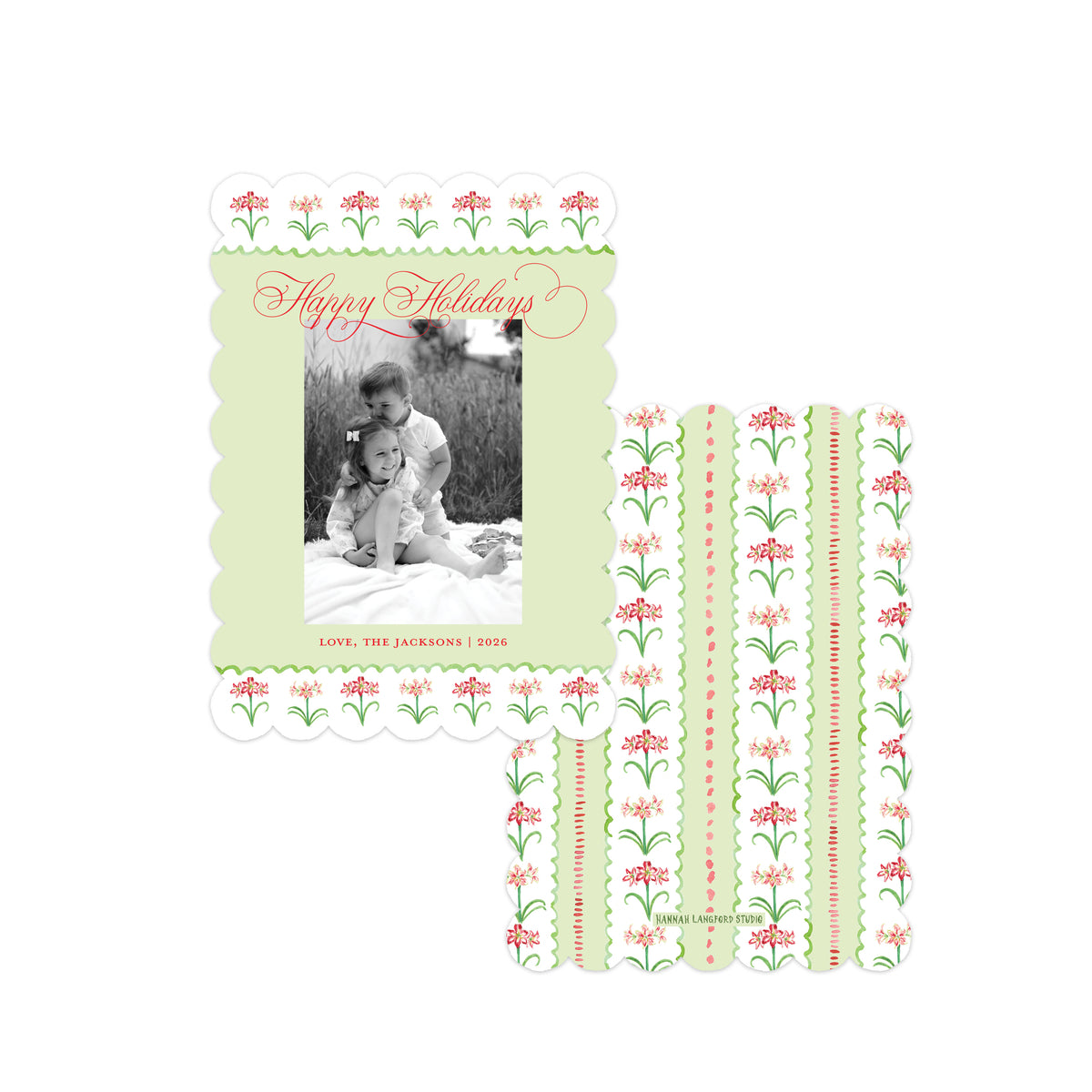 A holiday-themed photo card set featuring a main card with a scalloped light green border, a black-and-white family photo, and red script reading 'Happy Holidays,' alongside several matching patterned cardstock strips on a white background.