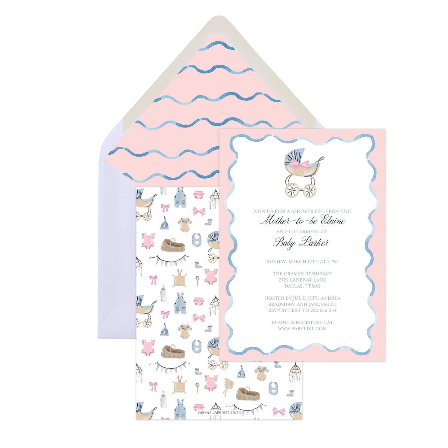 Baby shower invitation with envelope featuring illustrations of baby items on a white background