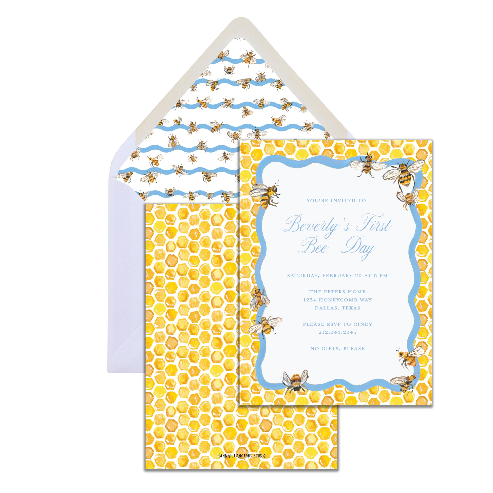 Invitation card with honeycomb and bee pattern on a white background