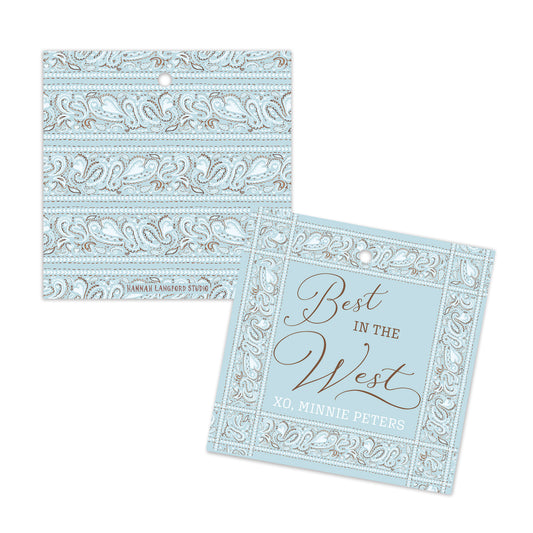 Two blue cards with decorative patterns and text on a white background.