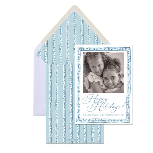 Blue Block Print Border Christmas Card
